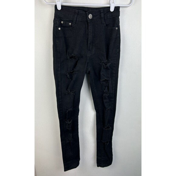 BOB Jeans Womens Jrs Size 3/4 Skinny Stretch Black Distressed Ripped Denim Jeans - Picture 1 of 7